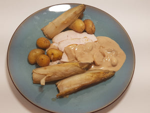 Kalkoen Archiduc met witloof en gebakken aardappelen