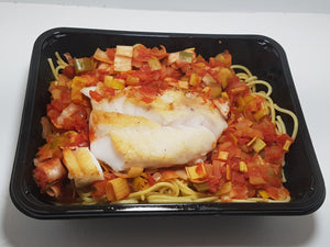 Spaghetti met kabeljauw en prei