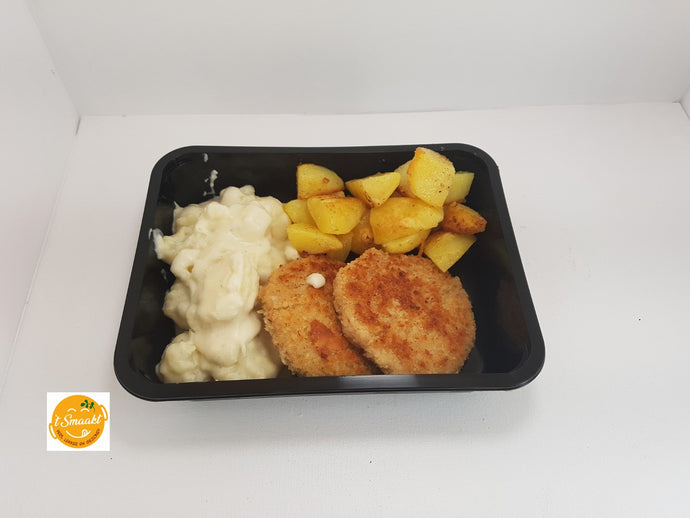 Visburger met bloemkool en gebakken aardappelen